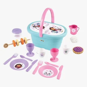 Gabby’s Dockskåps picknickkorg med färgglada tillbehör för barn att leka picknick med.