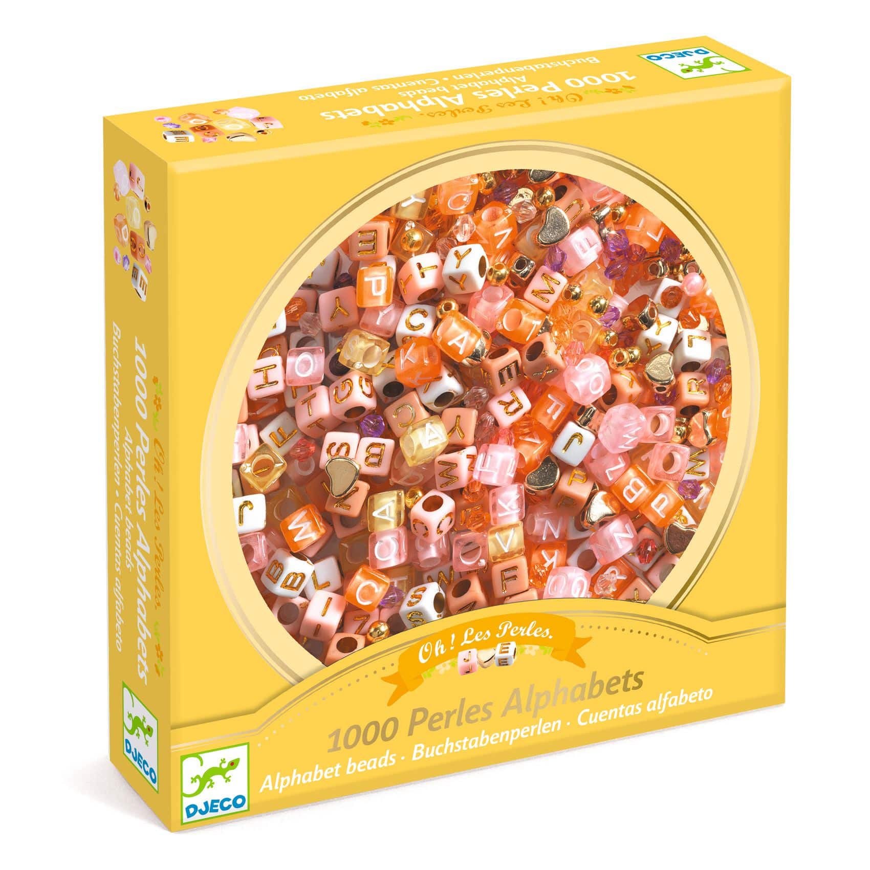 Djeco alfabetpärlor 1000 st i guld – bokstavspärlor för smycken och lärande.