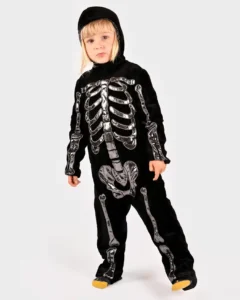 Skelettdräkt barn svart jumpsuit med huva